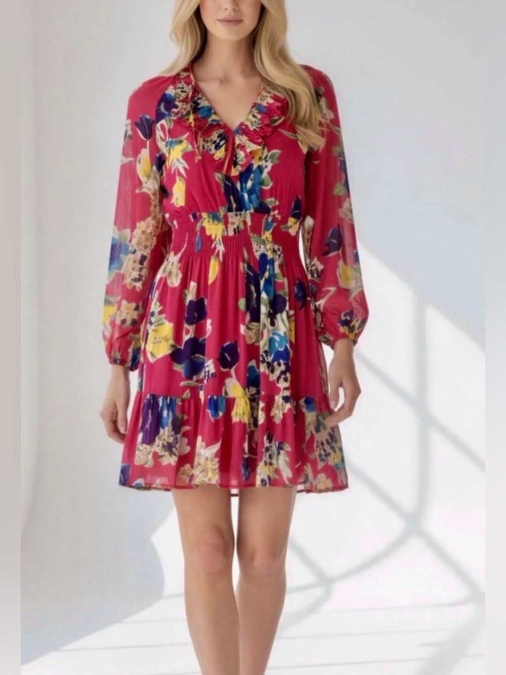 RALPH LAUREN Black Label Raspberry Pink Floral Long-Sleeve Tiered Mini Dress 22W